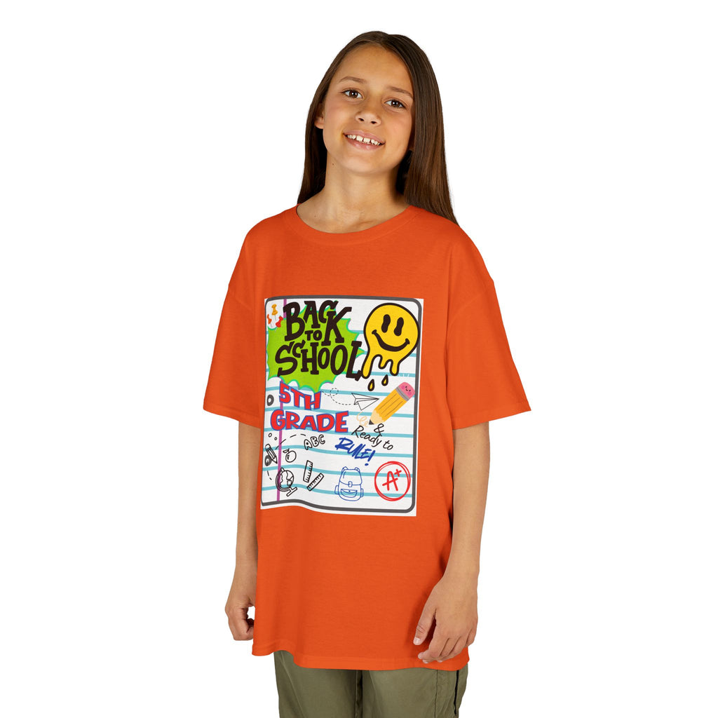 Kids "Back to School" Notebook Graphic Tee – 5th Grade Smiley Doodle Shirt