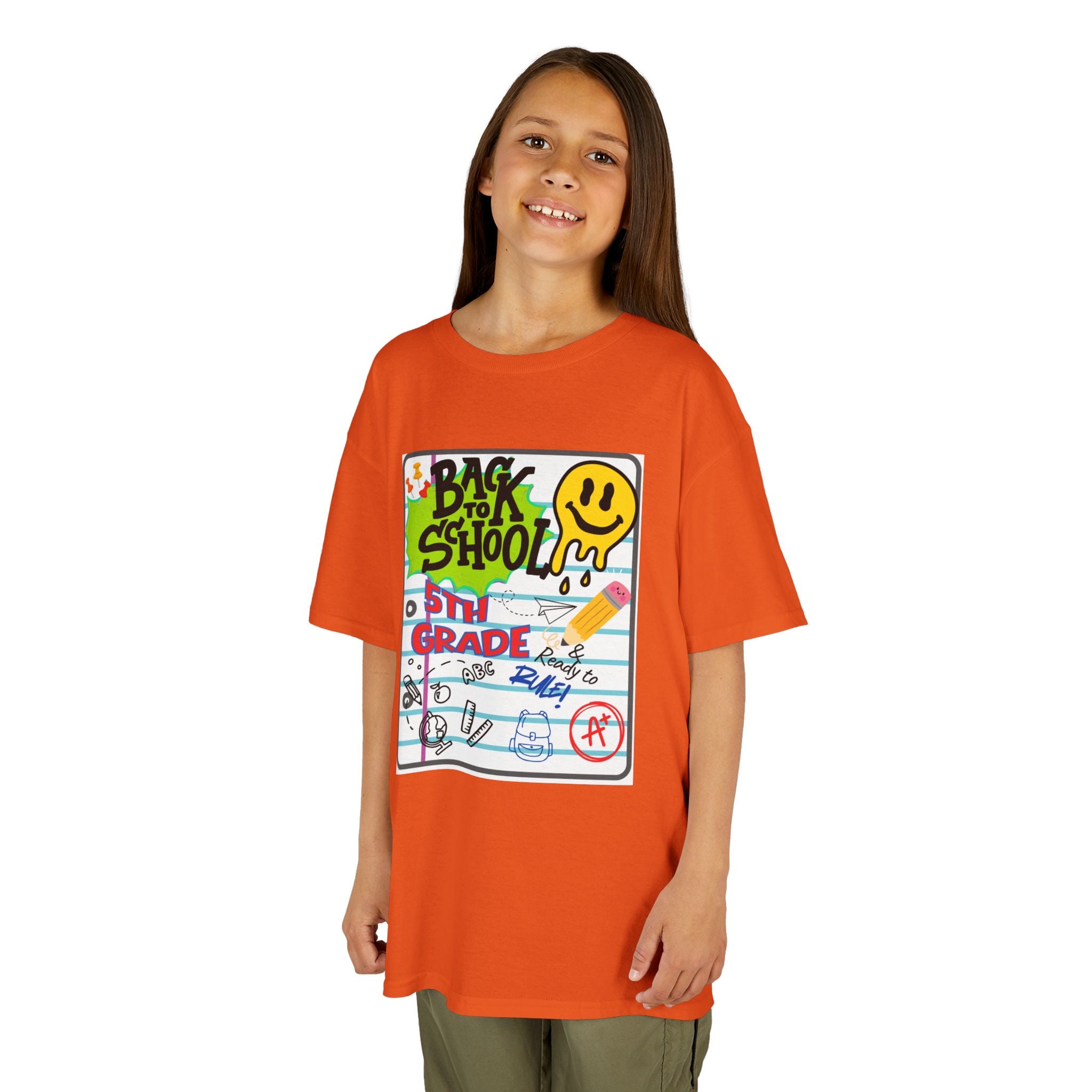 Kids "Back to School" Notebook Graphic Tee – 5th Grade Smiley Doodle Shirt