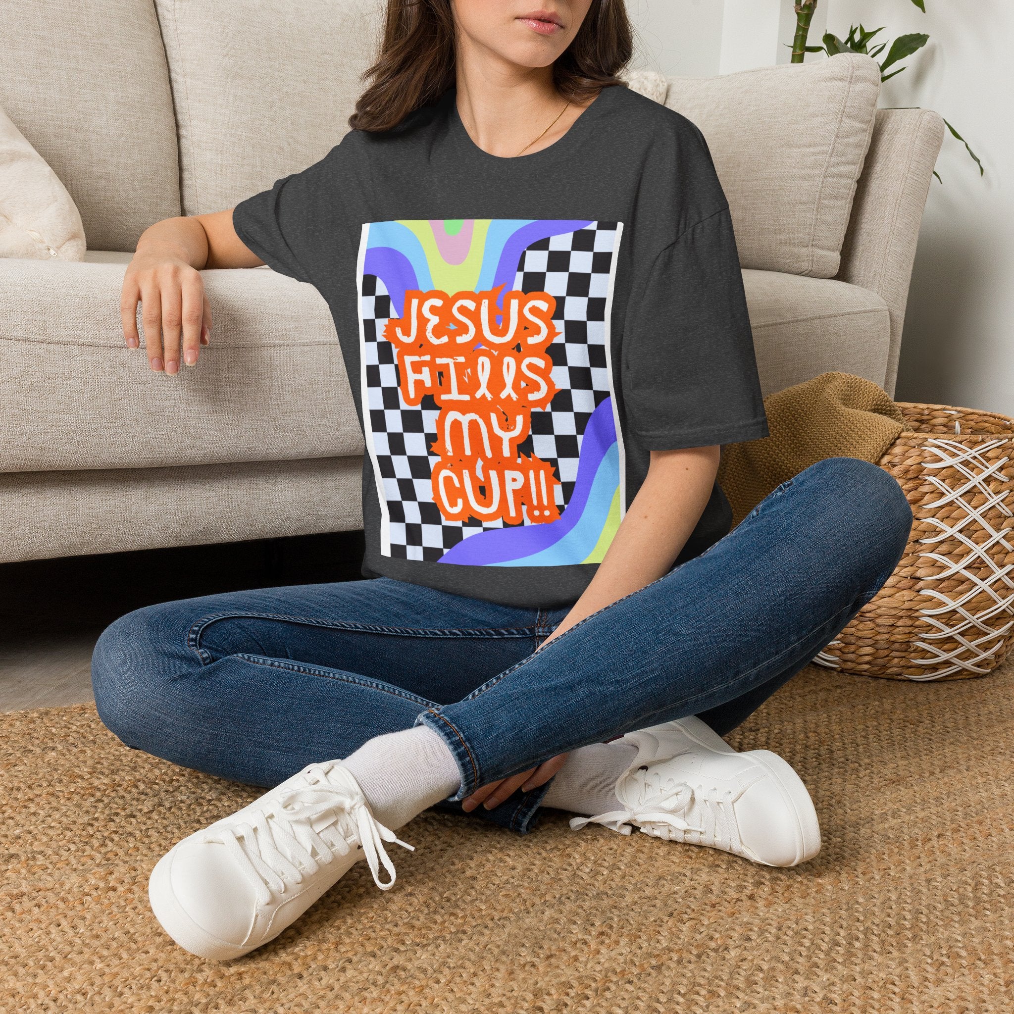 T-Shirt — "Jesus Fills My Cup" Retro Checkerboard Faith Tee