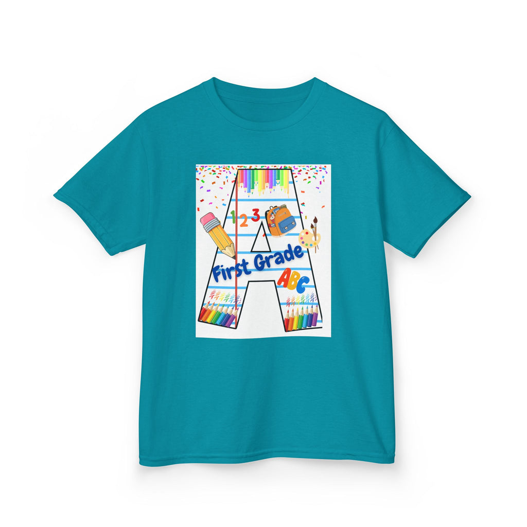 First Grade Kids Tee — Back to School A Monogram T-Shirt with Pencils & ABCs