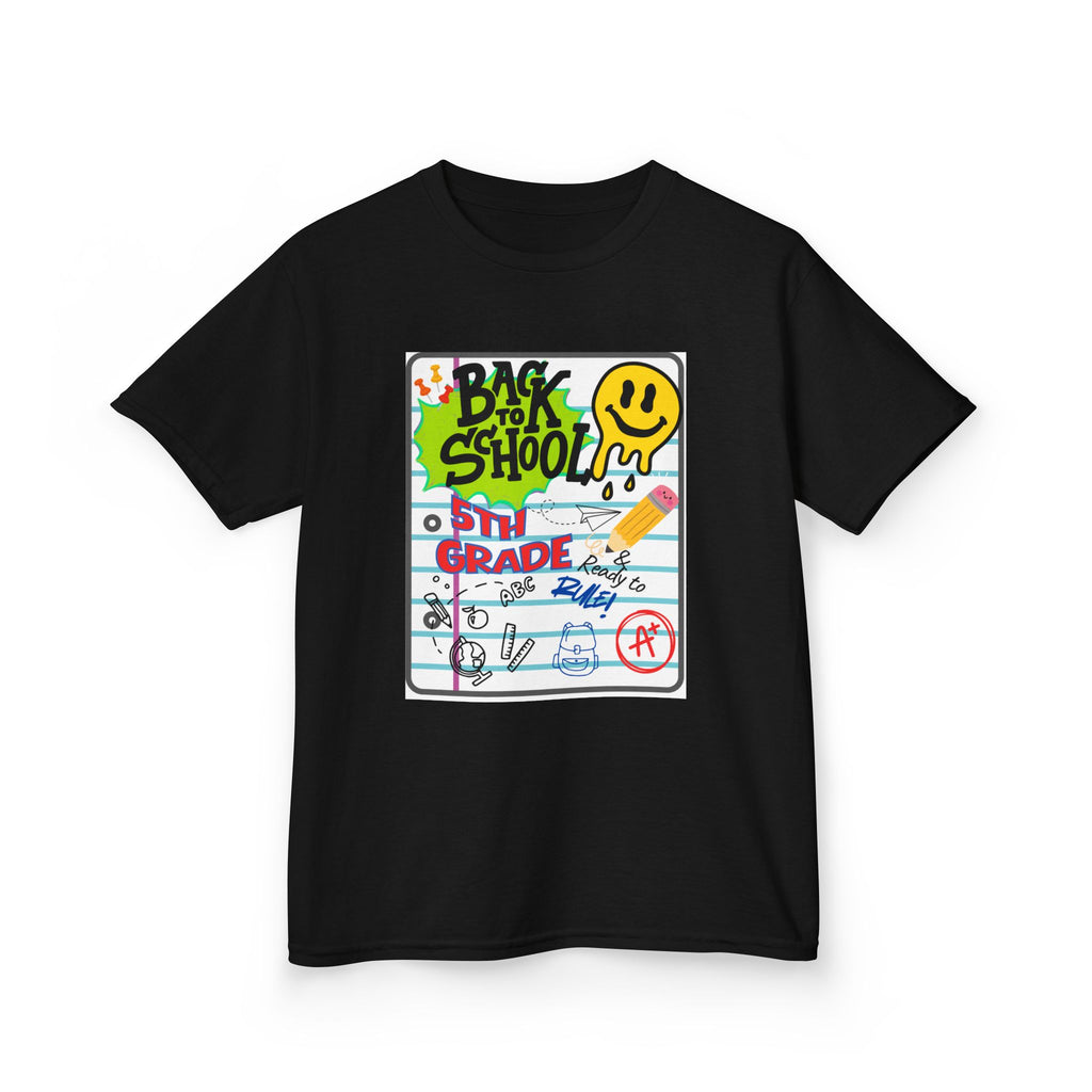 Kids "Back to School" Notebook Graphic Tee – 5th Grade Smiley Doodle Shirt