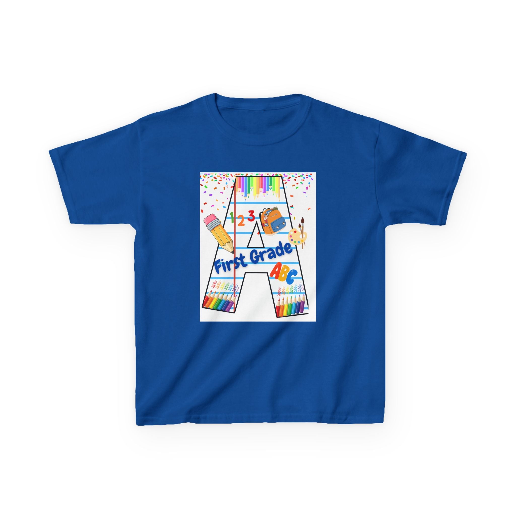 First Grade Kids Tee — Back to School A Monogram T-Shirt with Pencils & ABCs