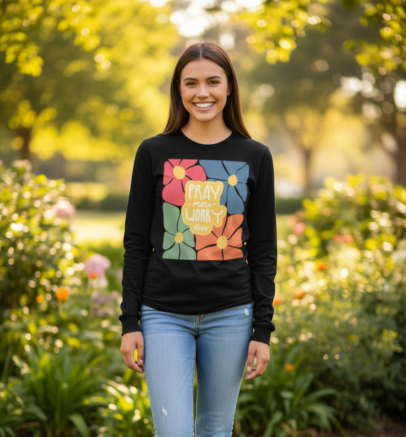 Pray More Worry Less Floral Long Sleeve Tee