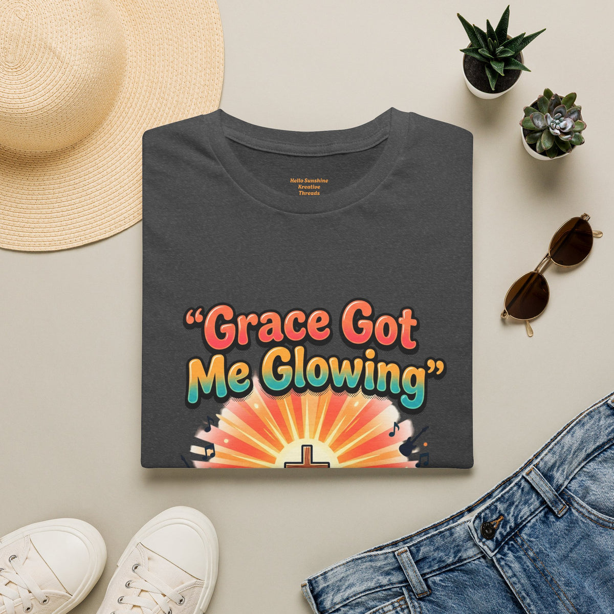 T-Shirt — "Grace Got Me Glowing" Christian Retro Sunrise Faith Tee