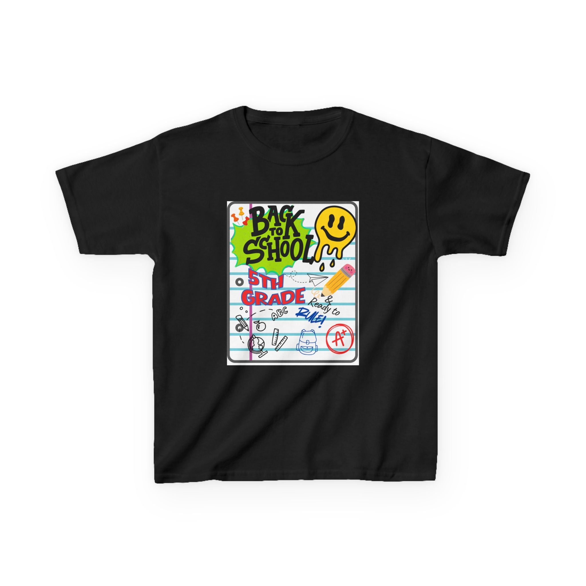 Kids "Back to School" Notebook Graphic Tee – 5th Grade Smiley Doodle Shirt