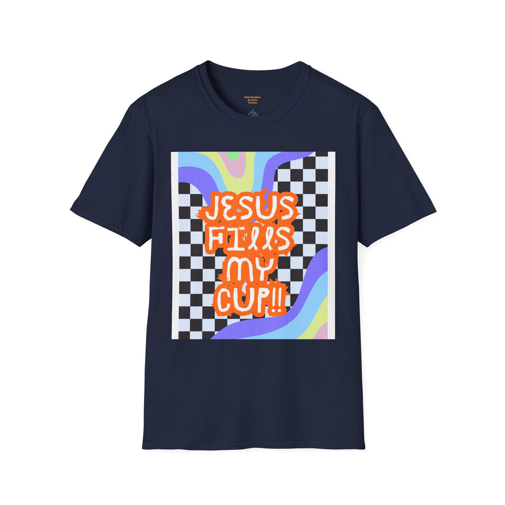 T-Shirt — "Jesus Fills My Cup" Retro Checkerboard Faith Tee