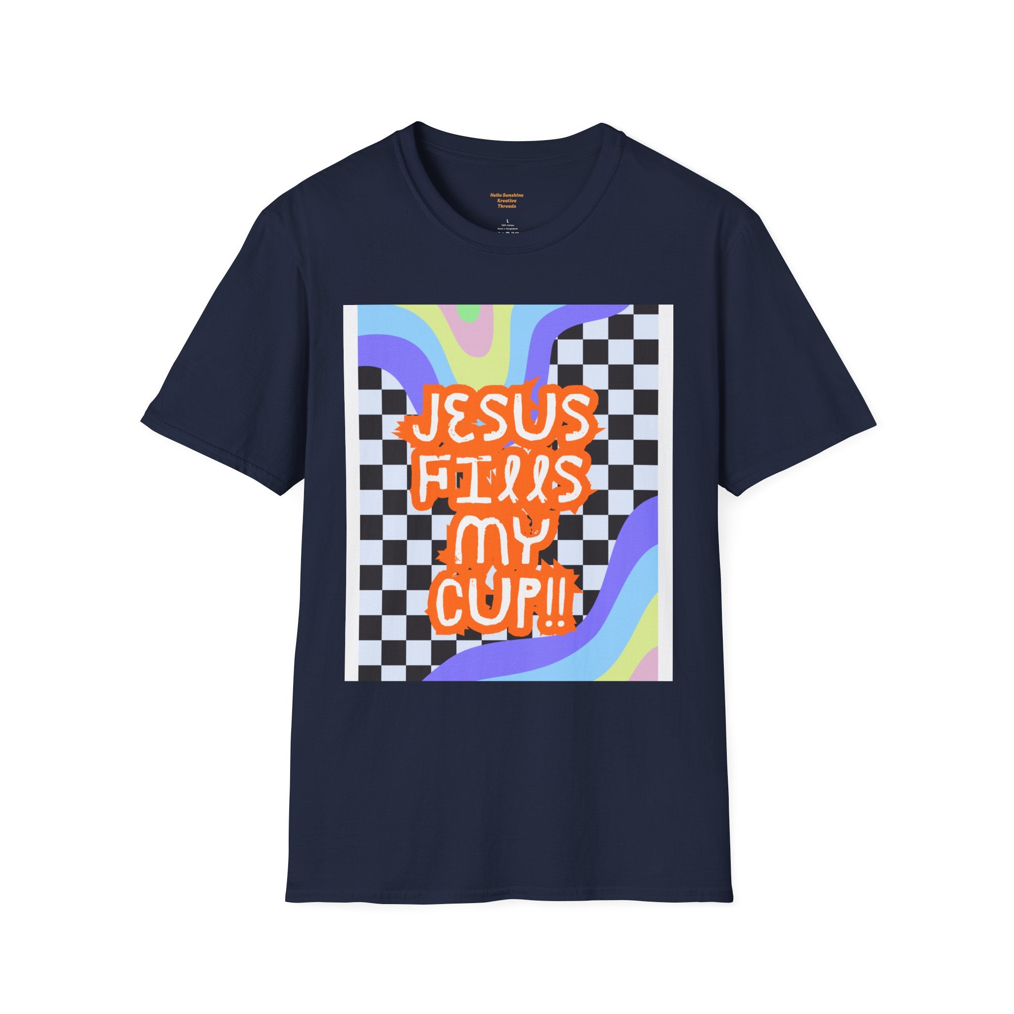 T-Shirt — "Jesus Fills My Cup" Retro Checkerboard Faith Tee