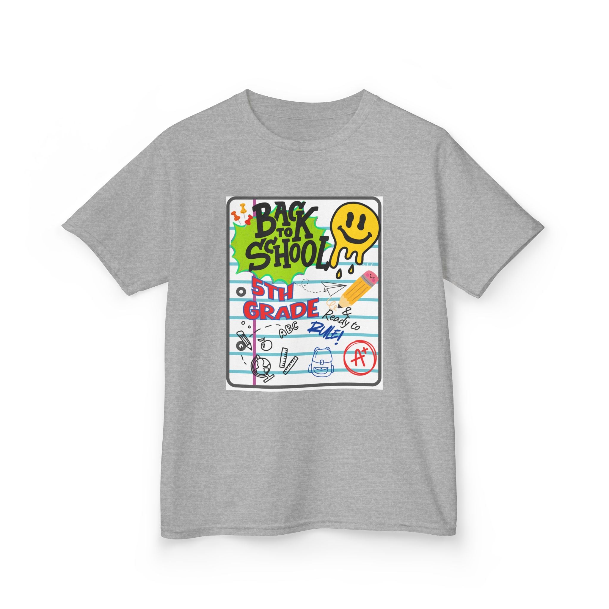 Kids "Back to School" Notebook Graphic Tee – 5th Grade Smiley Doodle Shirt
