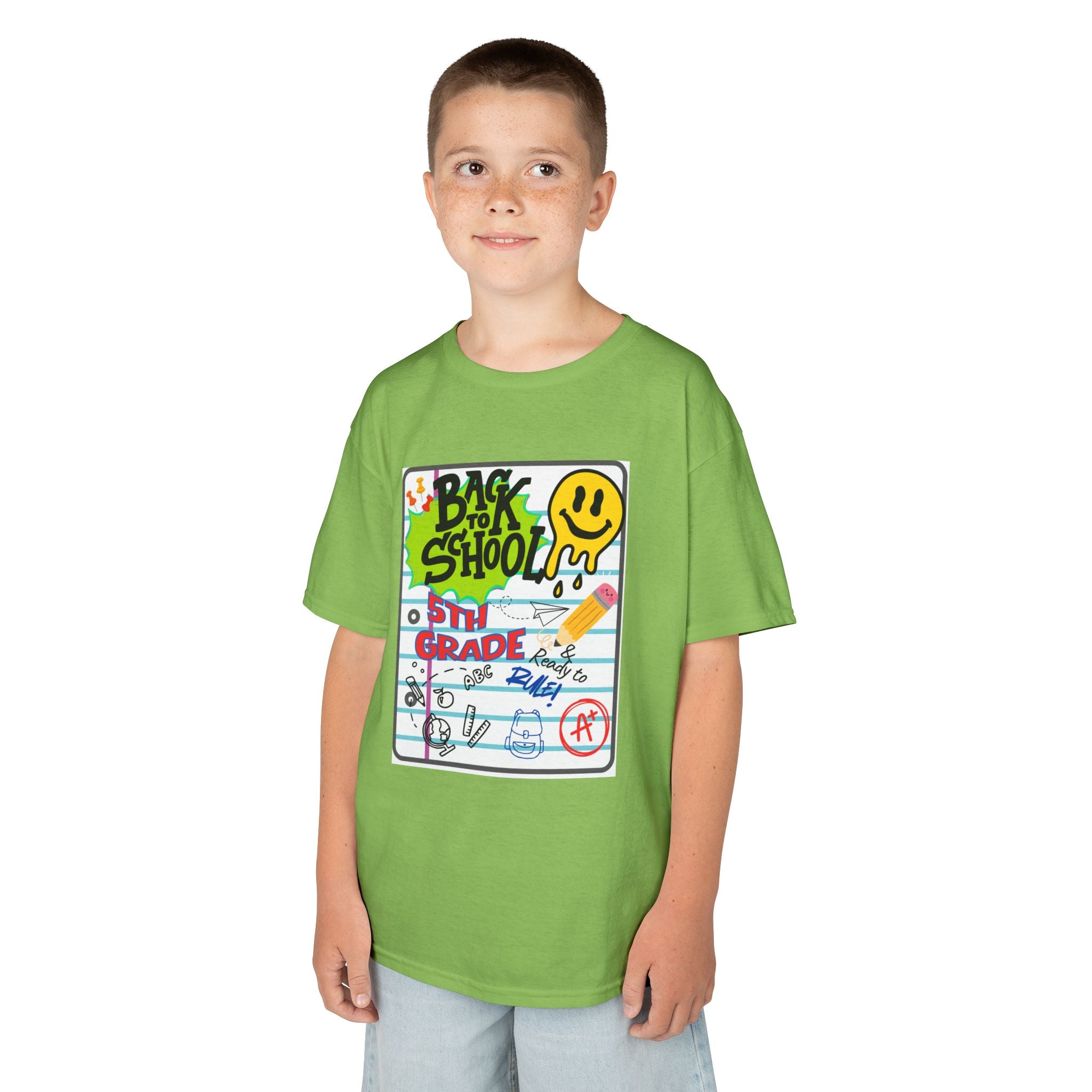 Kids "Back to School" Notebook Graphic Tee – 5th Grade Smiley Doodle Shirt