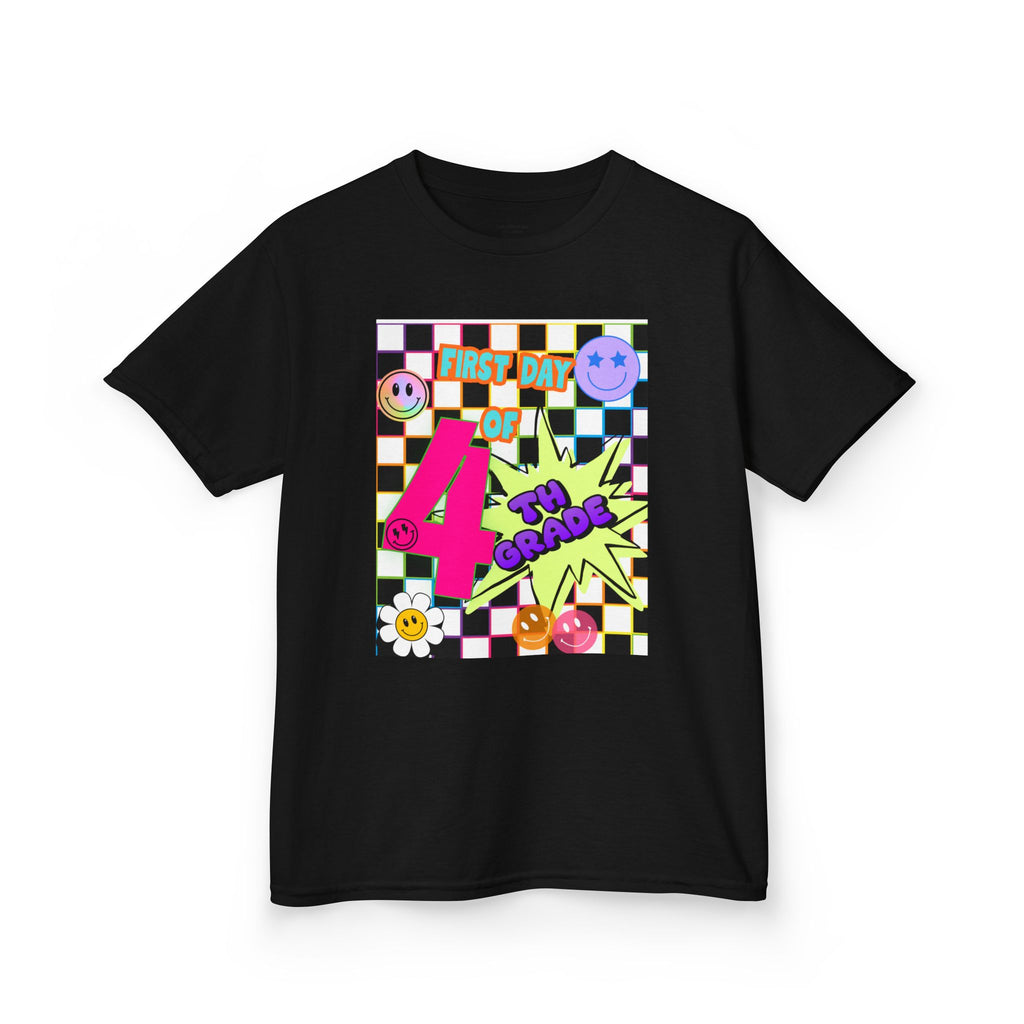 Kids 4th Grade First Day T-Shirt — Retro Checkerboard Neon Design