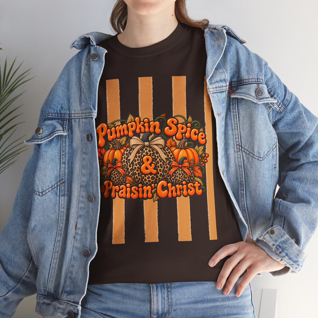 Pumpkin Spice & Praisin' Christ Tee — Fall Christian Pumpkin Graphic T-Shirt