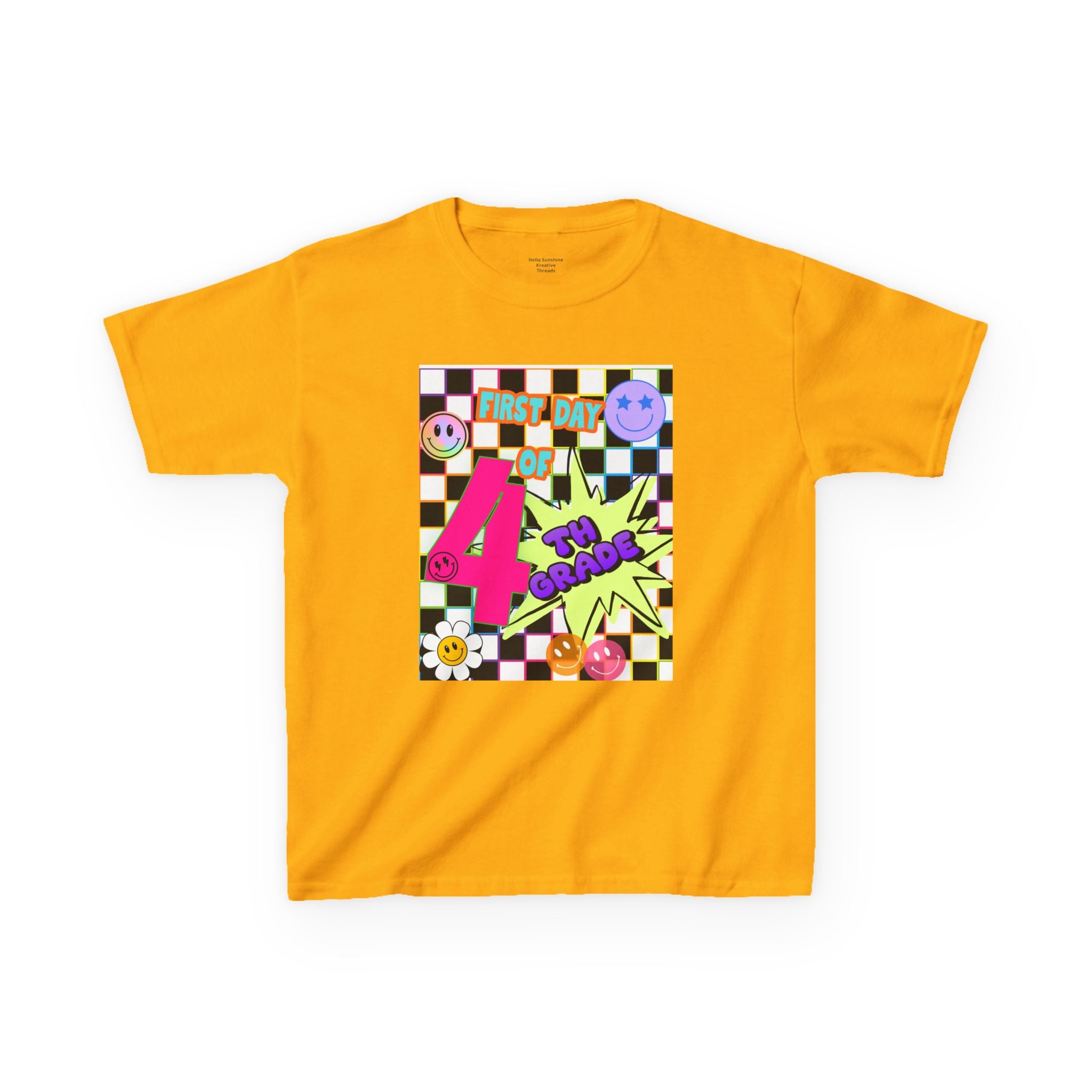 Kids 4th Grade First Day T-Shirt — Retro Checkerboard Neon Design