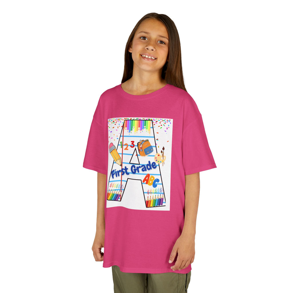 First Grade Kids Tee — Back to School A Monogram T-Shirt with Pencils & ABCs