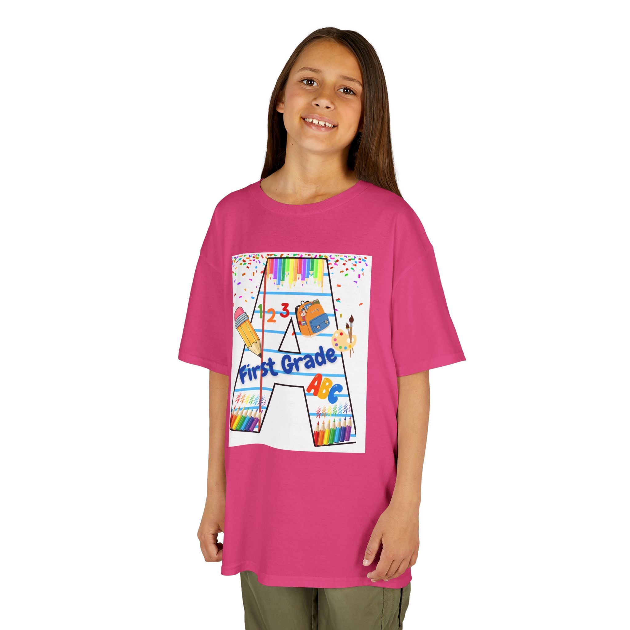 First Grade Kids Tee — Back to School A Monogram T-Shirt with Pencils & ABCs