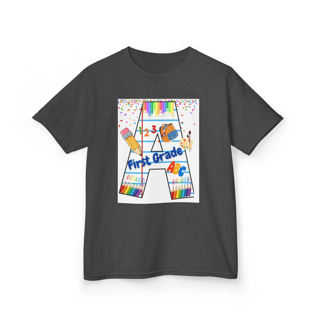 First Grade Kids Tee — Back to School A Monogram T-Shirt with Pencils & ABCs