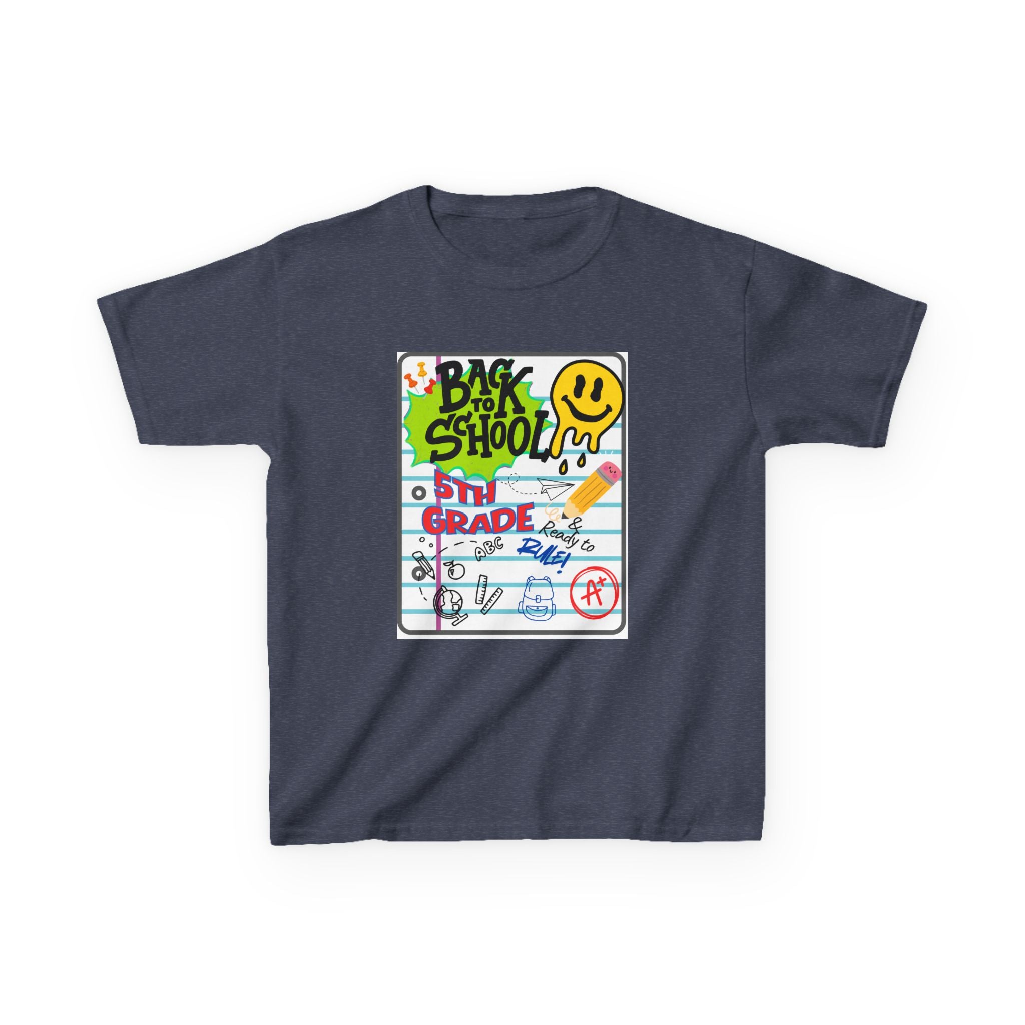 Kids "Back to School" Notebook Graphic Tee – 5th Grade Smiley Doodle Shirt