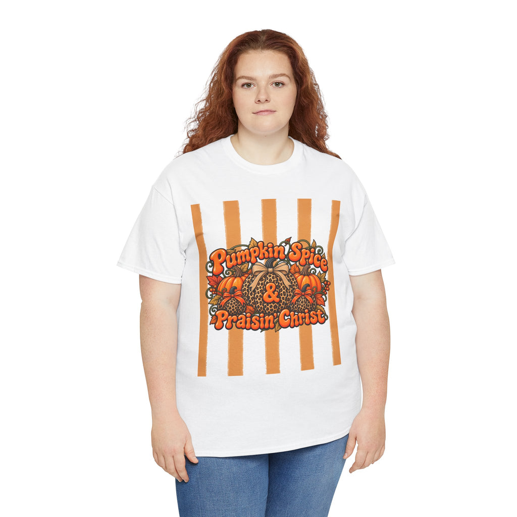 Pumpkin Spice & Praisin' Christ Tee — Fall Christian Pumpkin Graphic T-Shirt