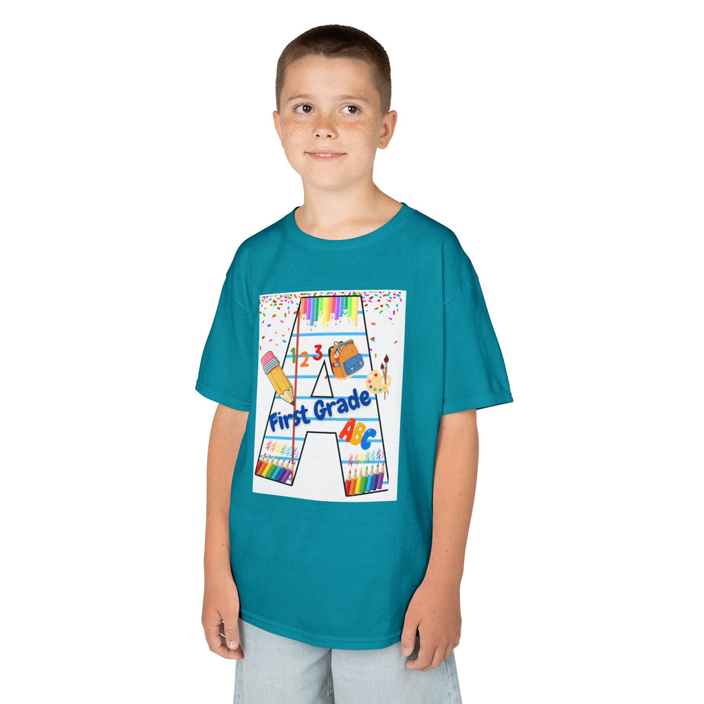 First Grade Kids Tee — Back to School A Monogram T-Shirt with Pencils & ABCs