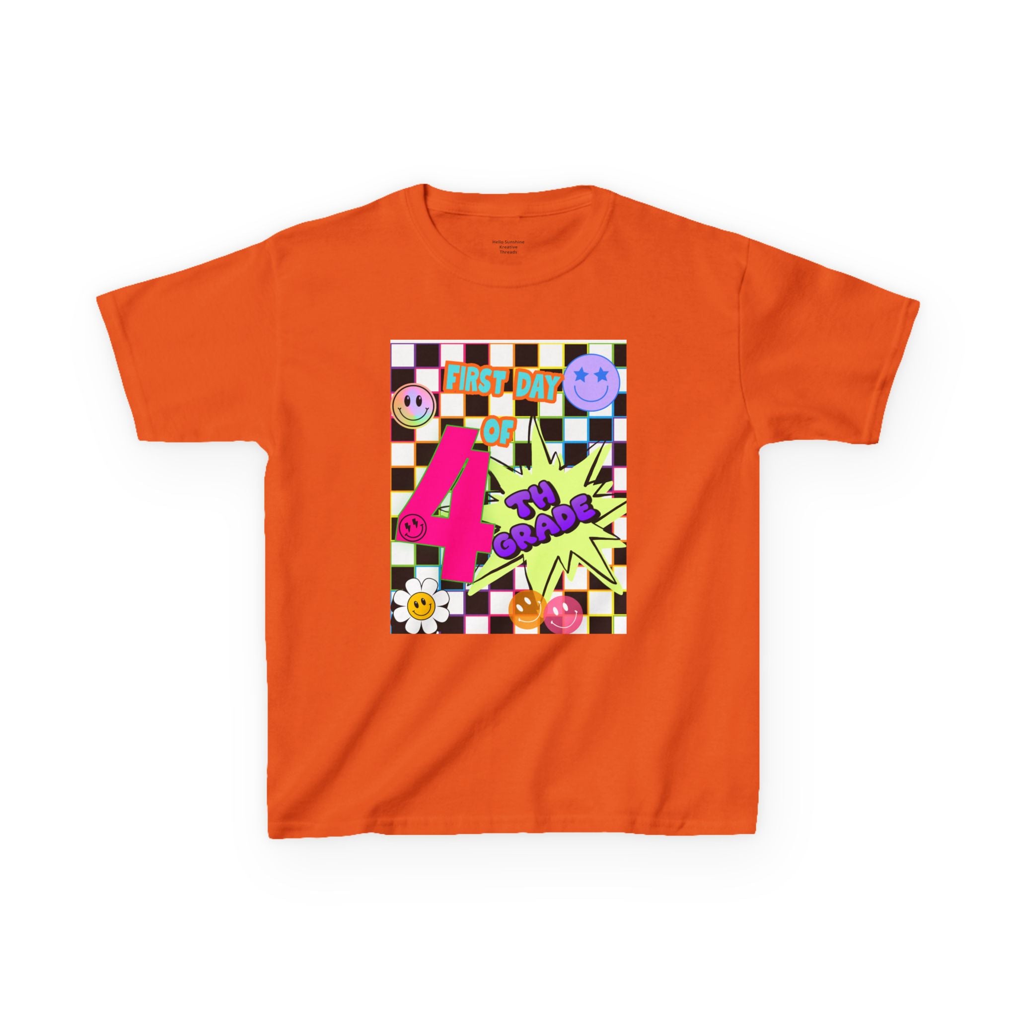 Kids 4th Grade First Day T-Shirt — Retro Checkerboard Neon Design