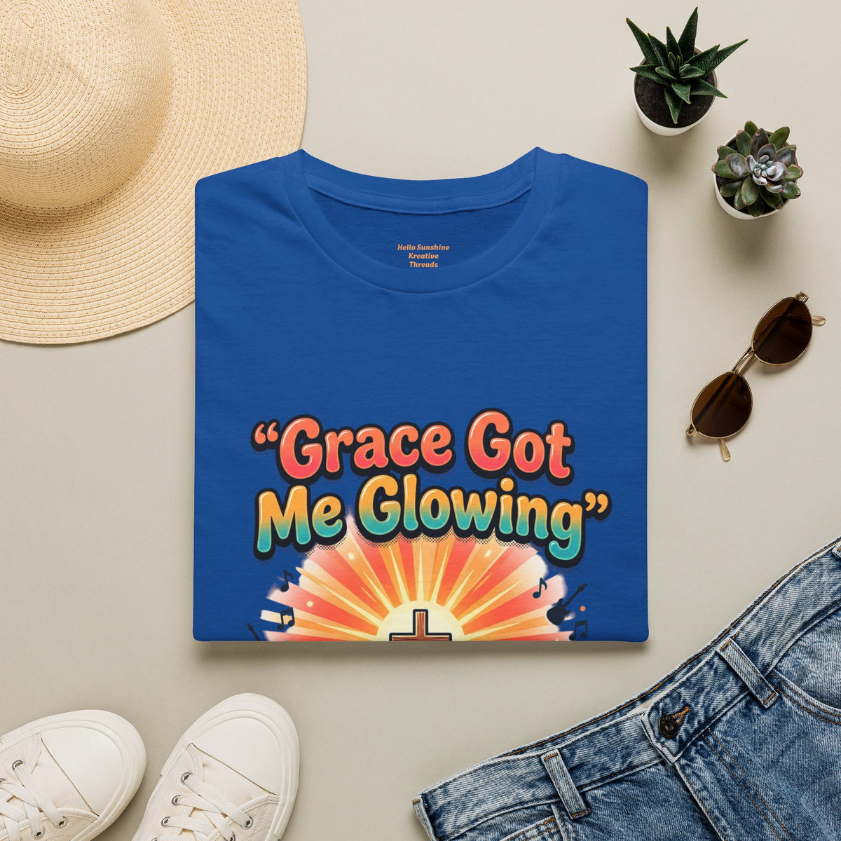 T-Shirt — "Grace Got Me Glowing" Christian Retro Sunrise Faith Tee