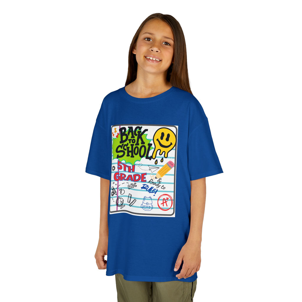Kids "Back to School" Notebook Graphic Tee – 5th Grade Smiley Doodle Shirt