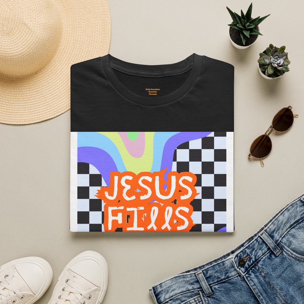 T-Shirt — "Jesus Fills My Cup" Retro Checkerboard Faith Tee