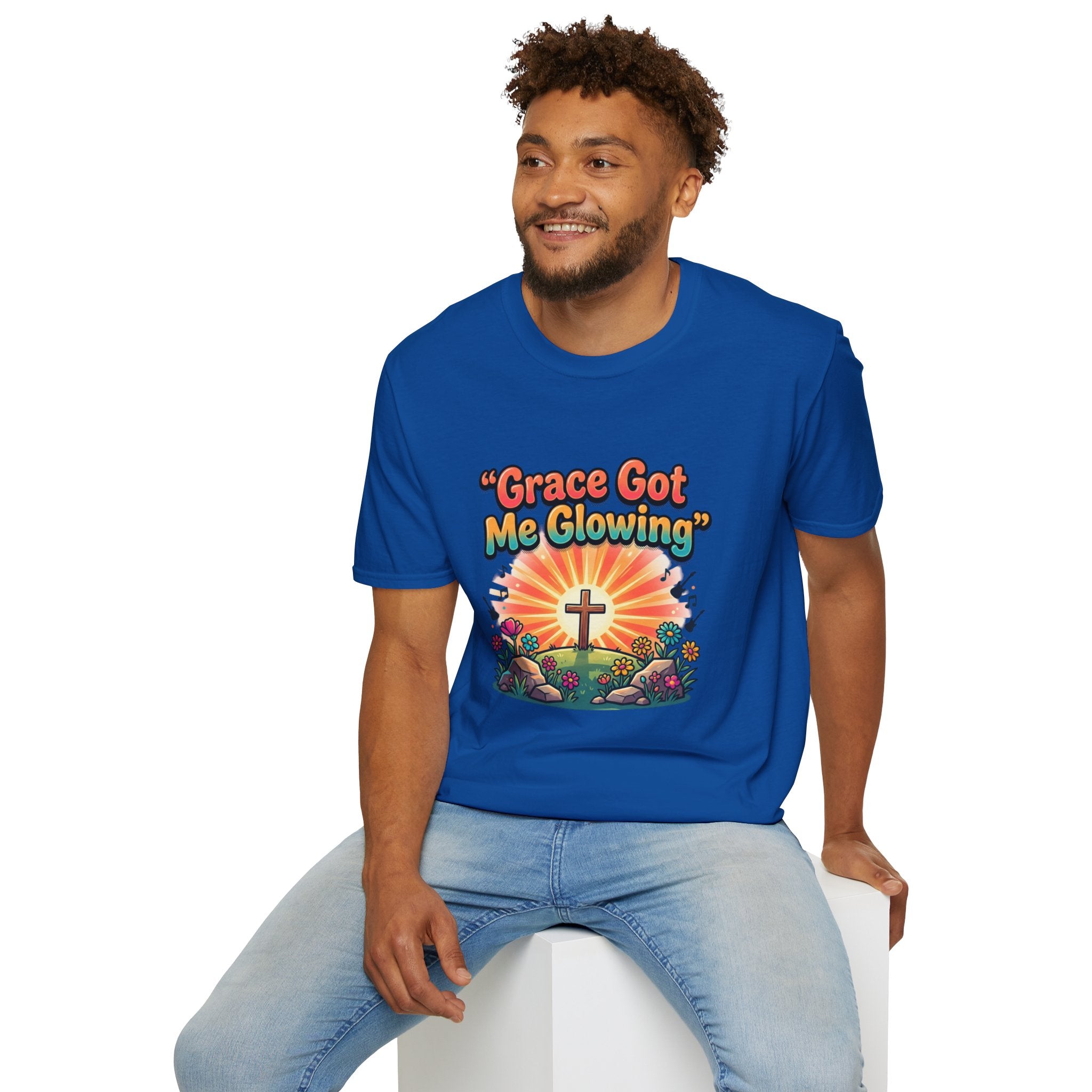 T-Shirt — "Grace Got Me Glowing" Christian Retro Sunrise Faith Tee
