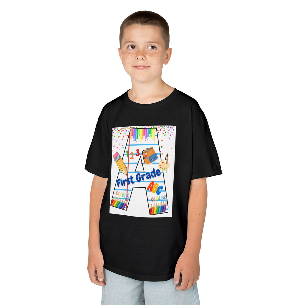 First Grade Kids Tee — Back to School A Monogram T-Shirt with Pencils & ABCs