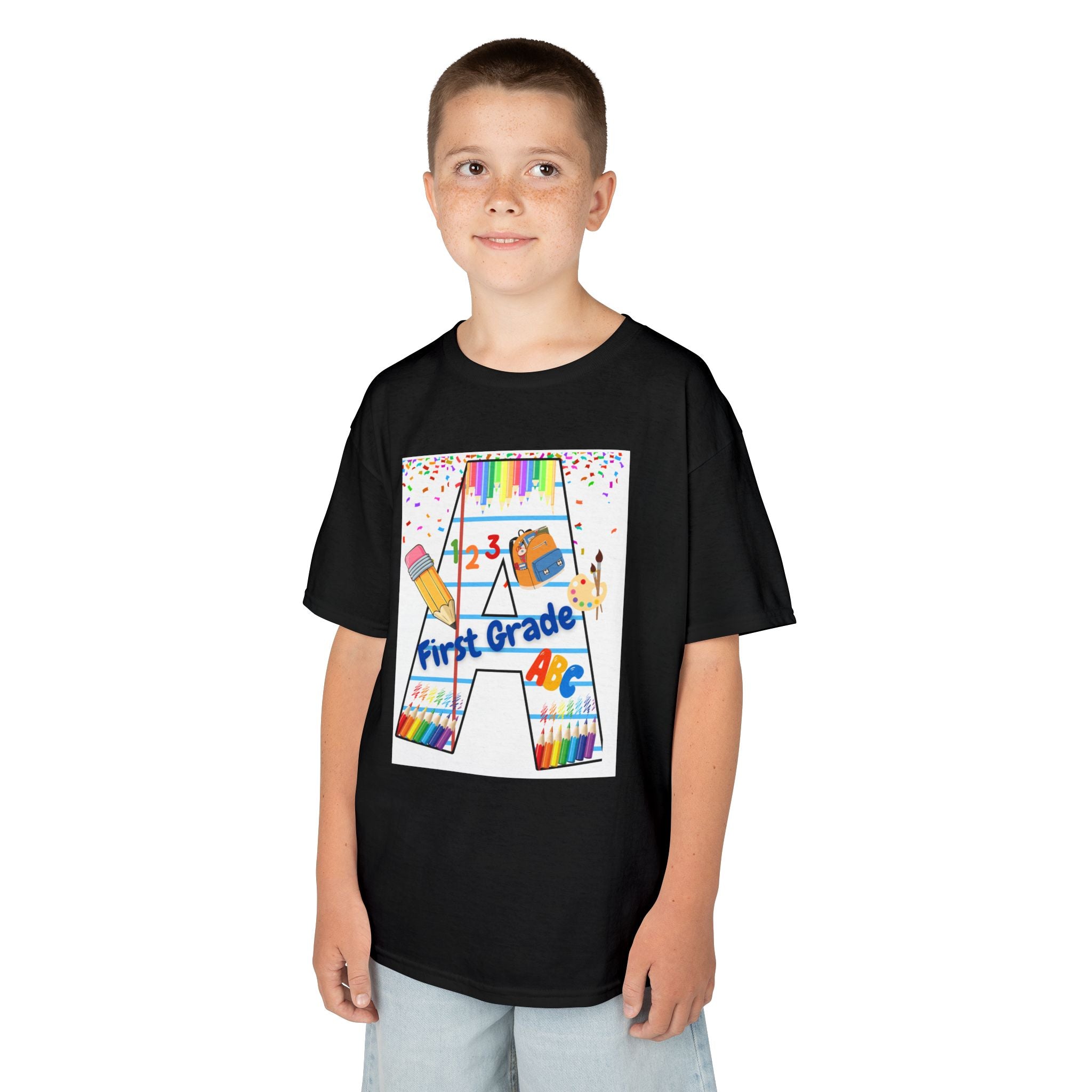 First Grade Kids Tee — Back to School A Monogram T-Shirt with Pencils & ABCs