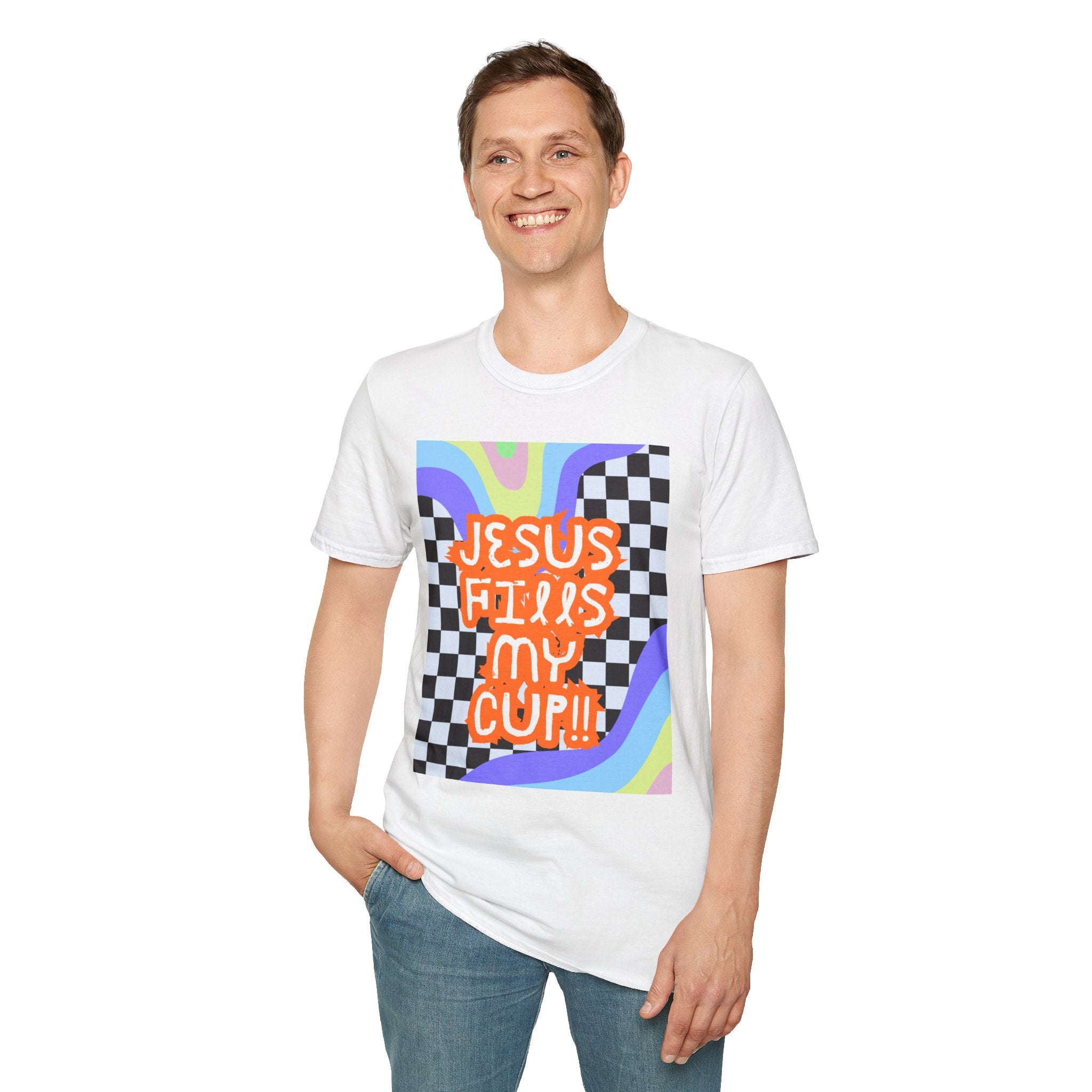 T-Shirt — "Jesus Fills My Cup" Retro Checkerboard Faith Tee