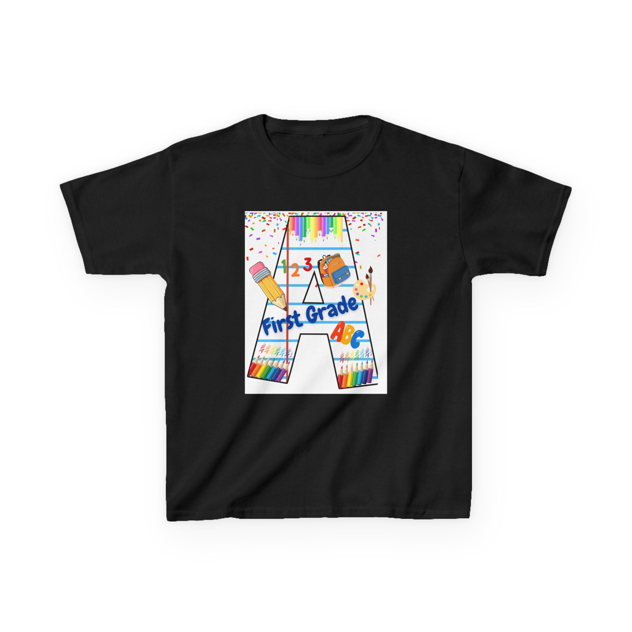 First Grade Kids Tee — Back to School A Monogram T-Shirt with Pencils & ABCs
