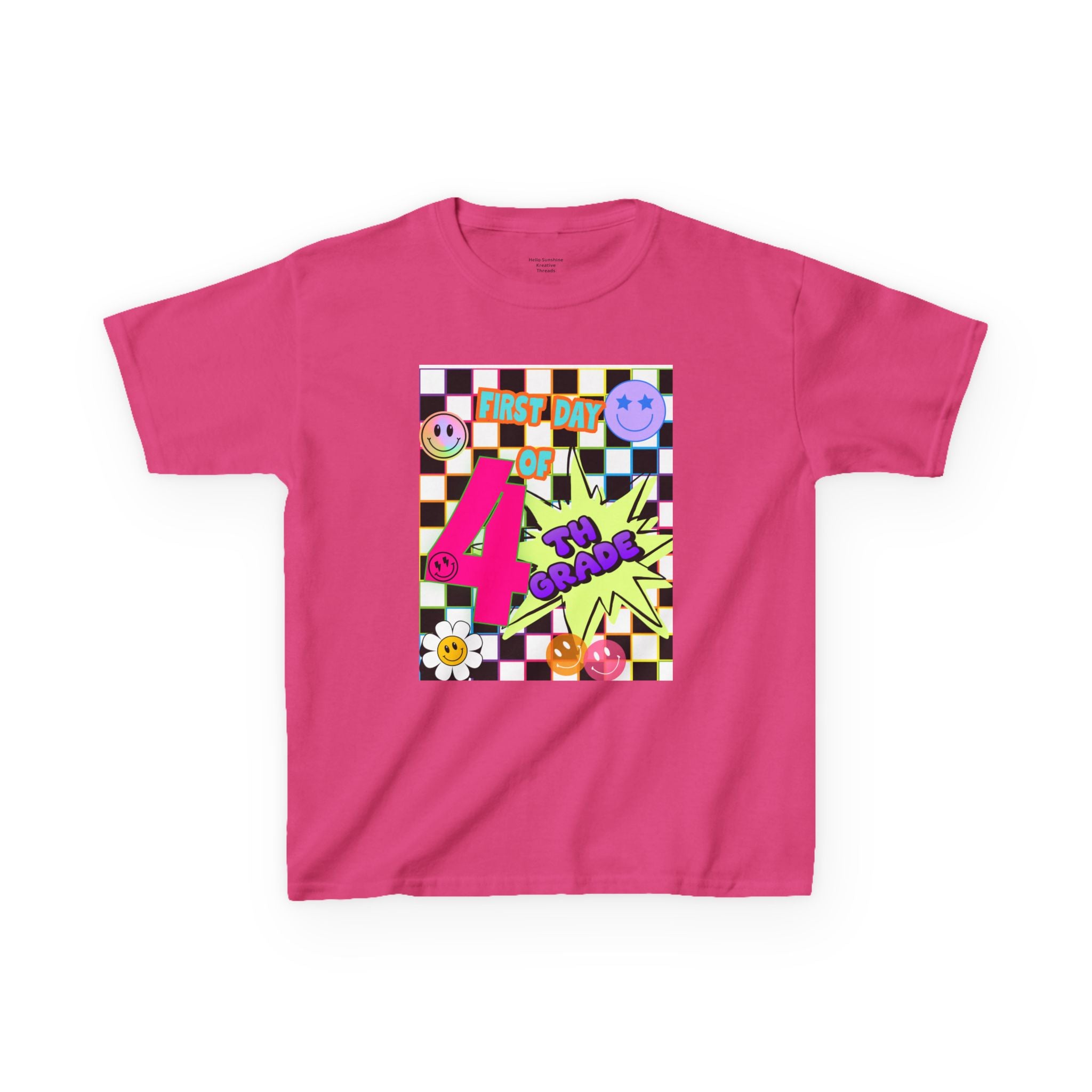 Kids 4th Grade First Day T-Shirt — Retro Checkerboard Neon Design