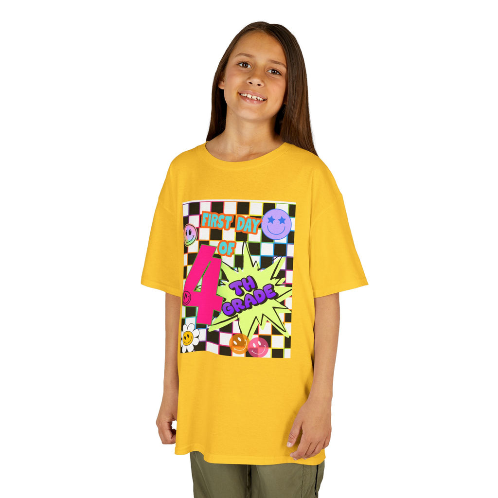 Kids 4th Grade First Day T-Shirt — Retro Checkerboard Neon Design