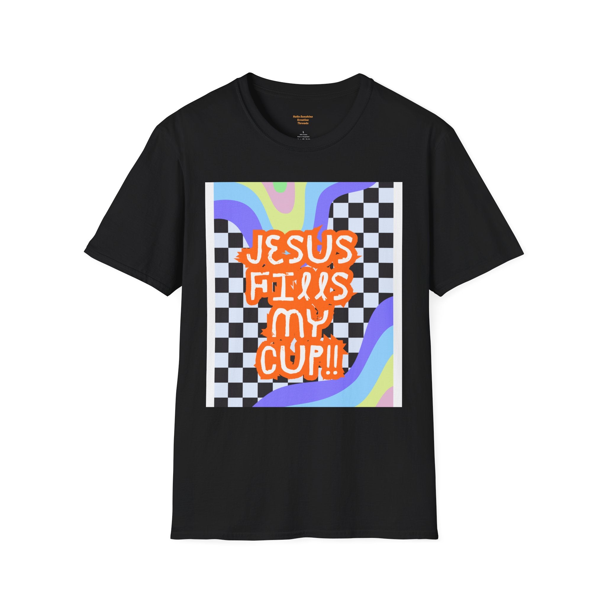 T-Shirt — "Jesus Fills My Cup" Retro Checkerboard Faith Tee