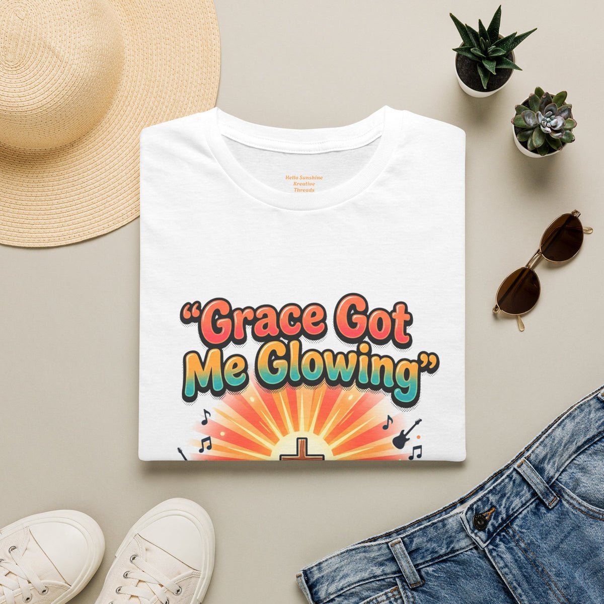 T-Shirt — "Grace Got Me Glowing" Christian Retro Sunrise Faith Tee