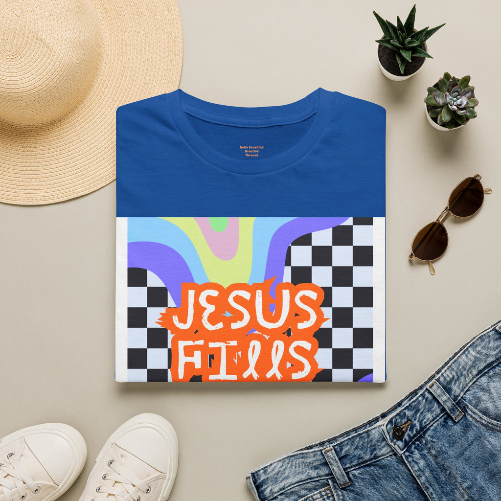 T-Shirt — "Jesus Fills My Cup" Retro Checkerboard Faith Tee