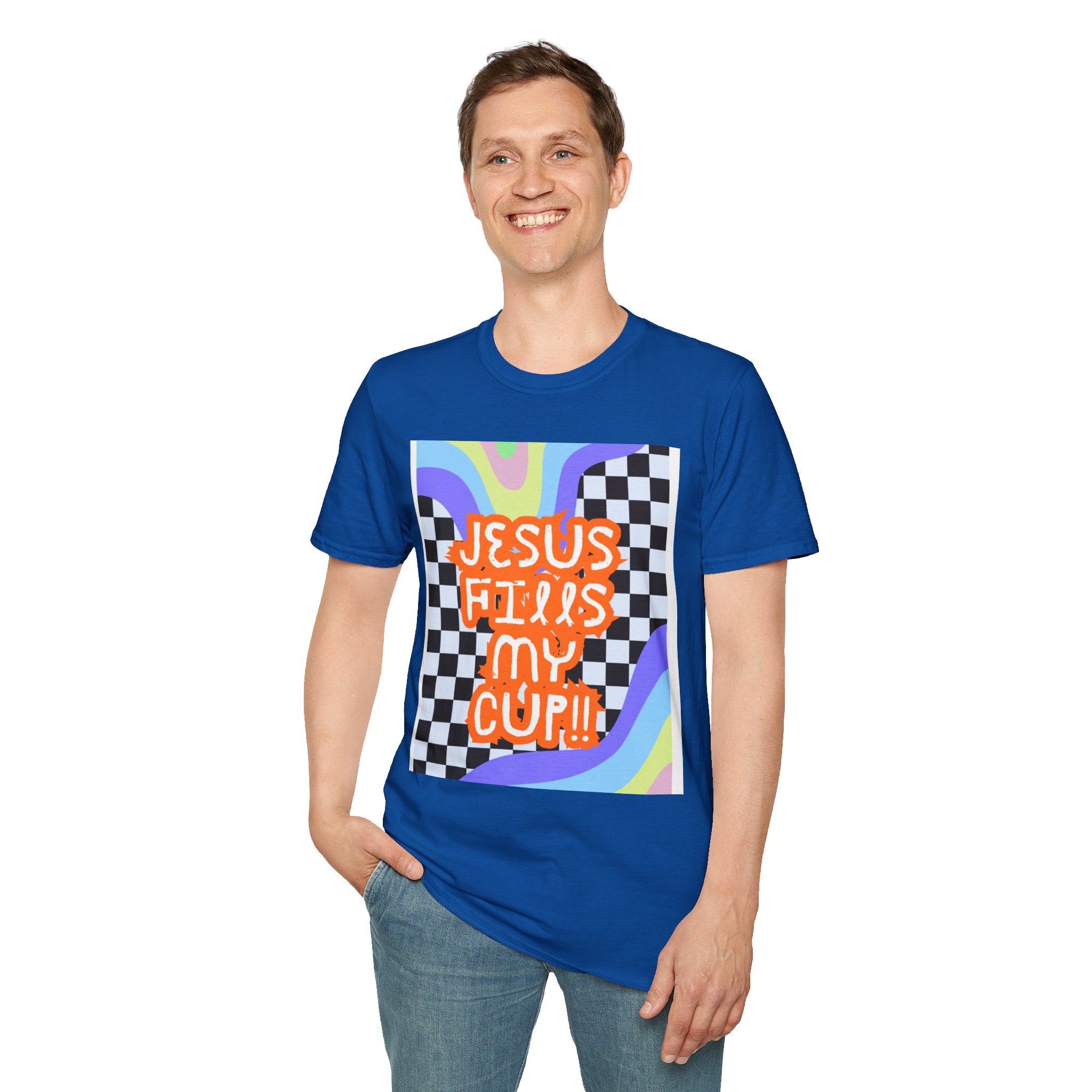 T-Shirt — "Jesus Fills My Cup" Retro Checkerboard Faith Tee