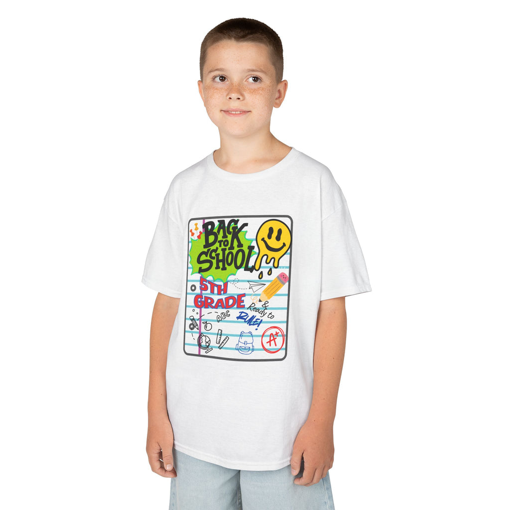 Kids "Back to School" Notebook Graphic Tee – 5th Grade Smiley Doodle Shirt