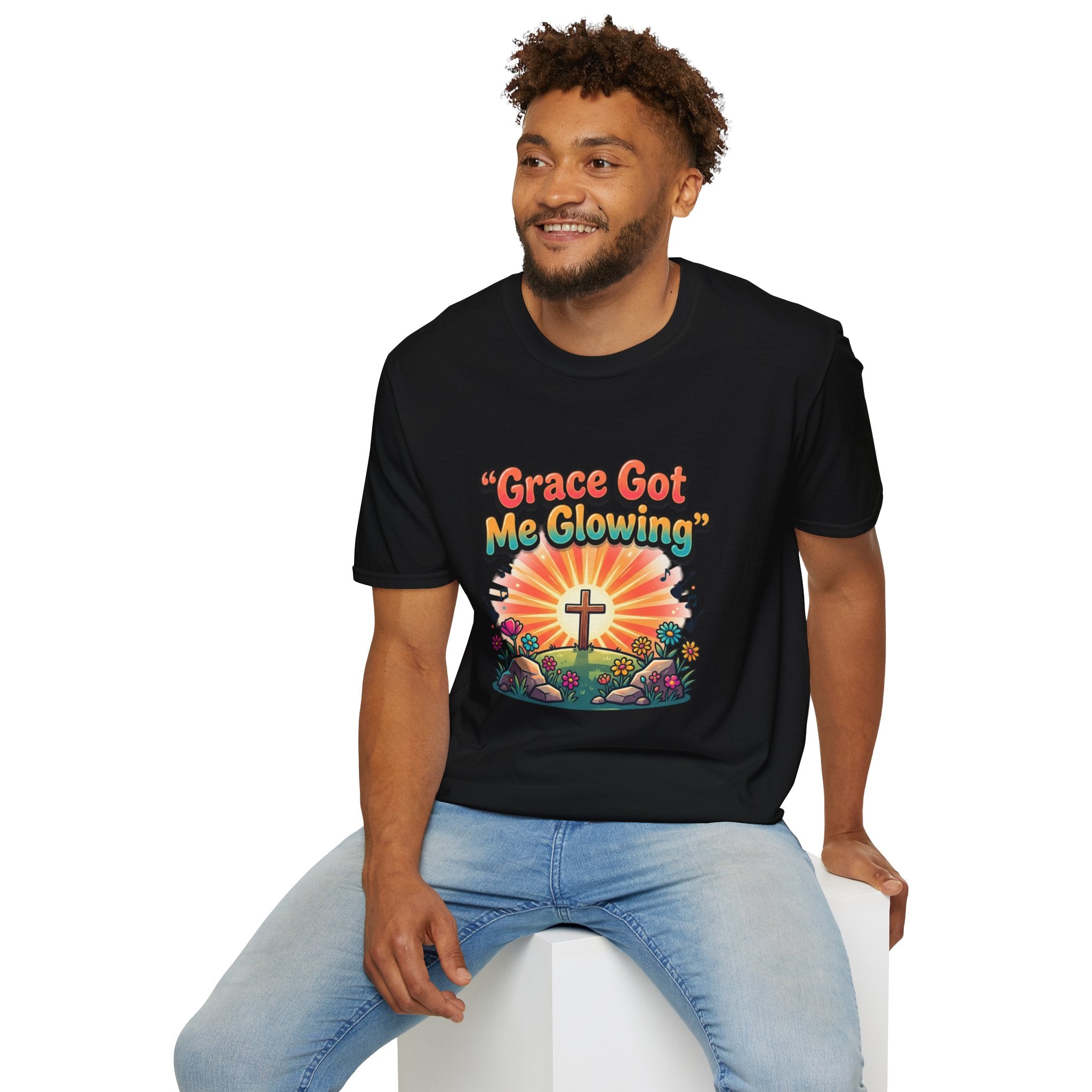 T-Shirt — "Grace Got Me Glowing" Christian Retro Sunrise Faith Tee