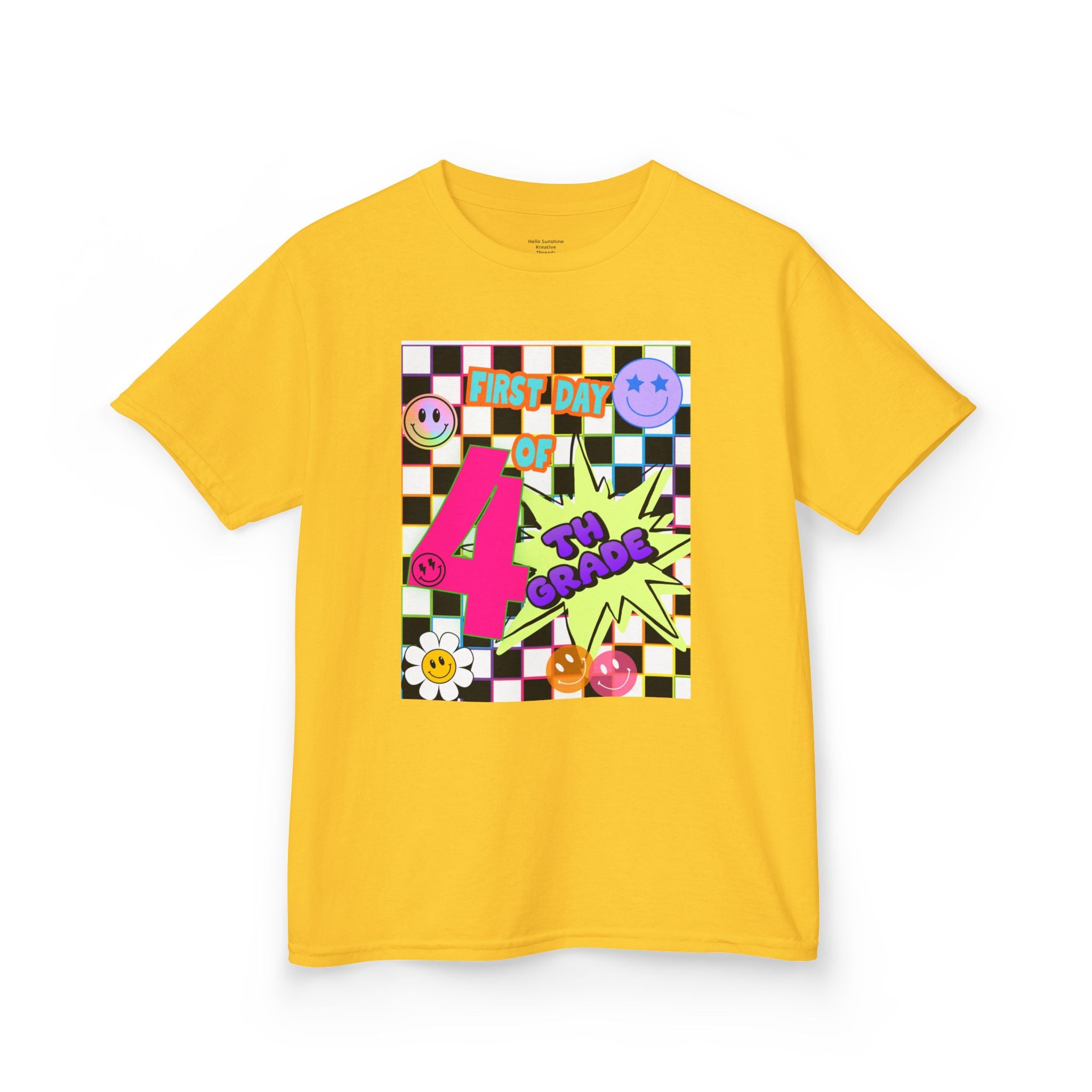 Kids 4th Grade First Day T-Shirt — Retro Checkerboard Neon Design