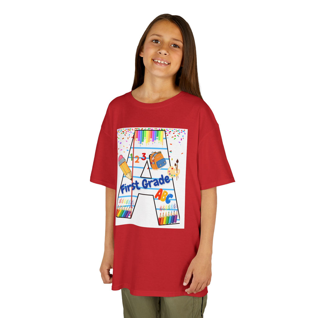 First Grade Kids Tee — Back to School A Monogram T-Shirt with Pencils & ABCs