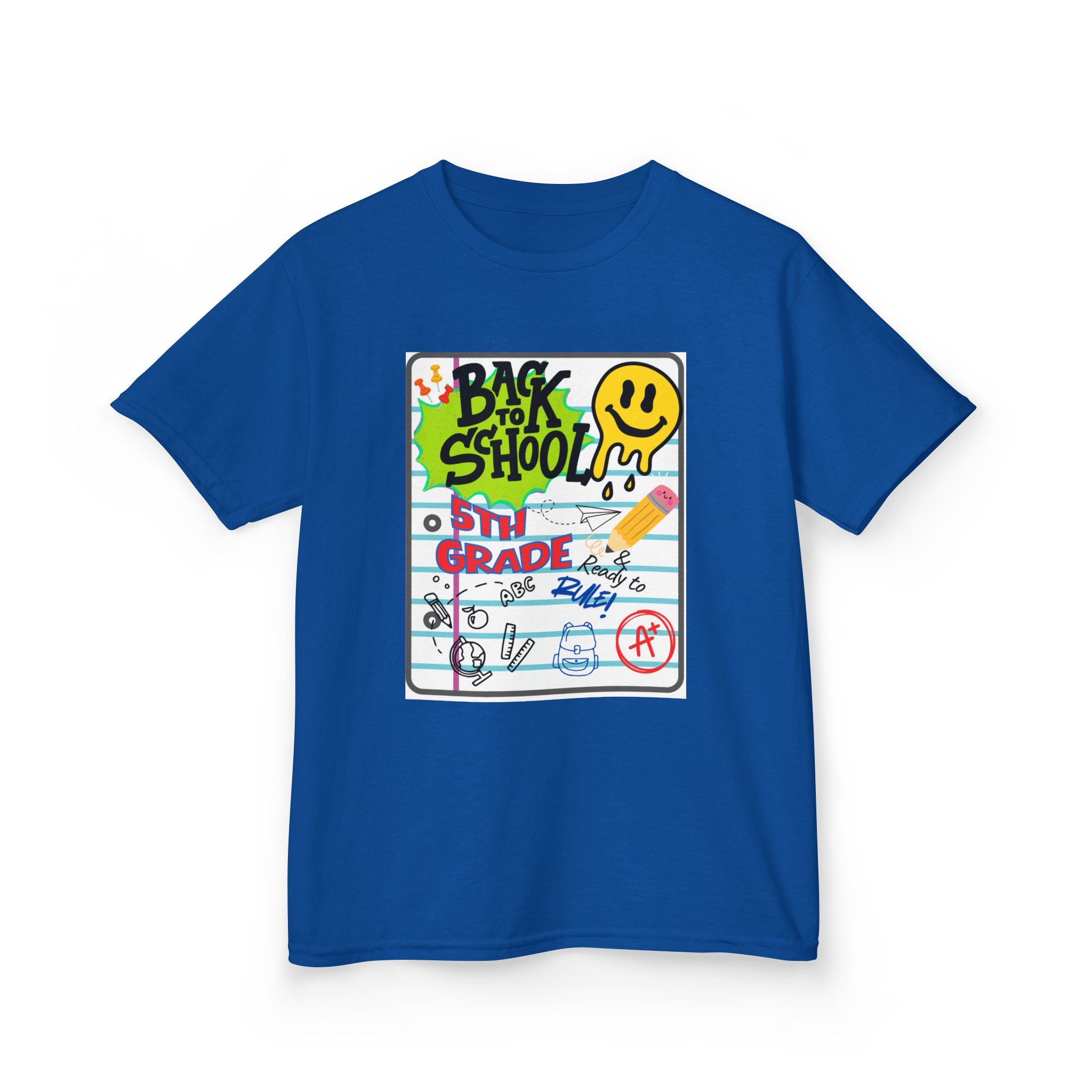 Kids "Back to School" Notebook Graphic Tee – 5th Grade Smiley Doodle Shirt