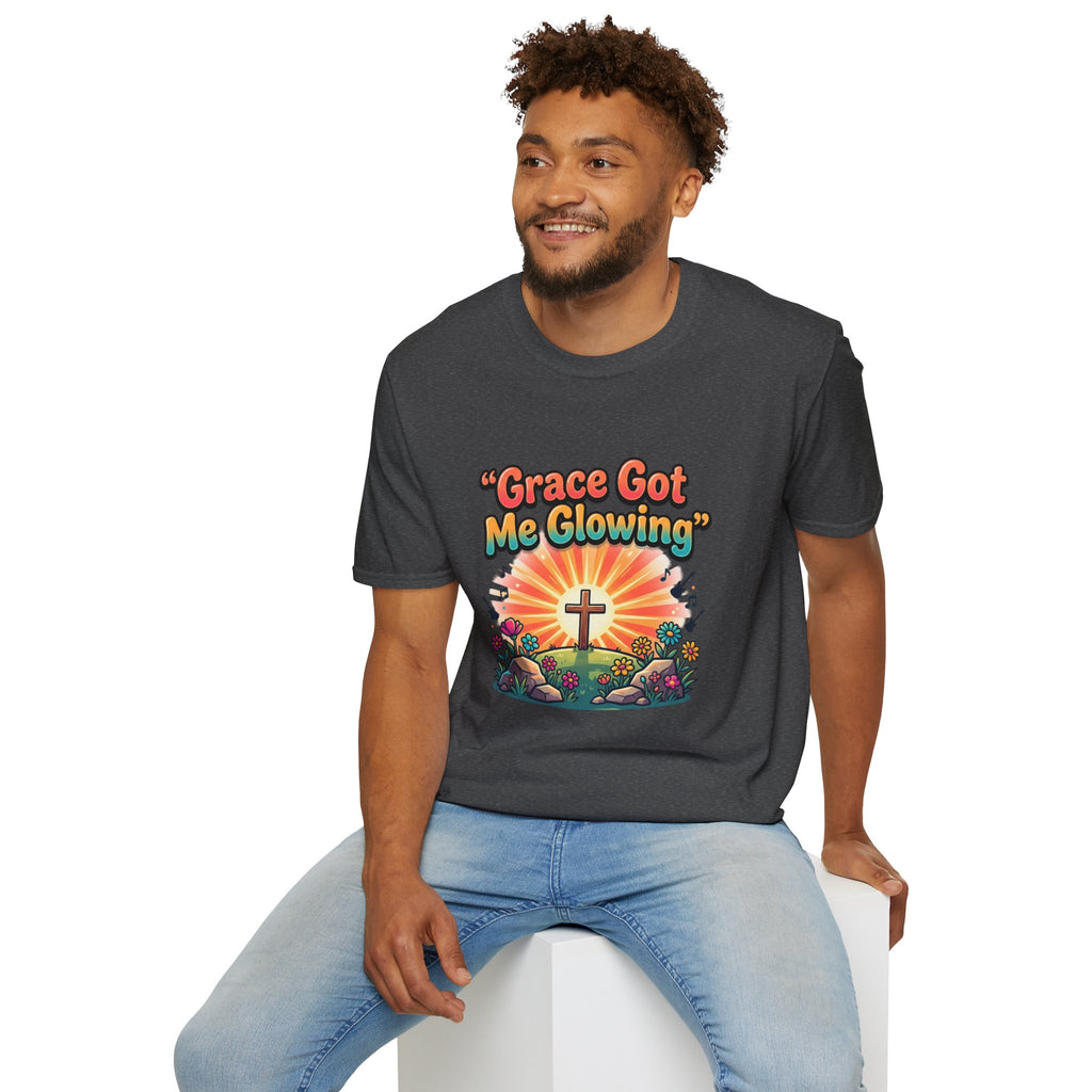 T-Shirt — "Grace Got Me Glowing" Christian Retro Sunrise Faith Tee