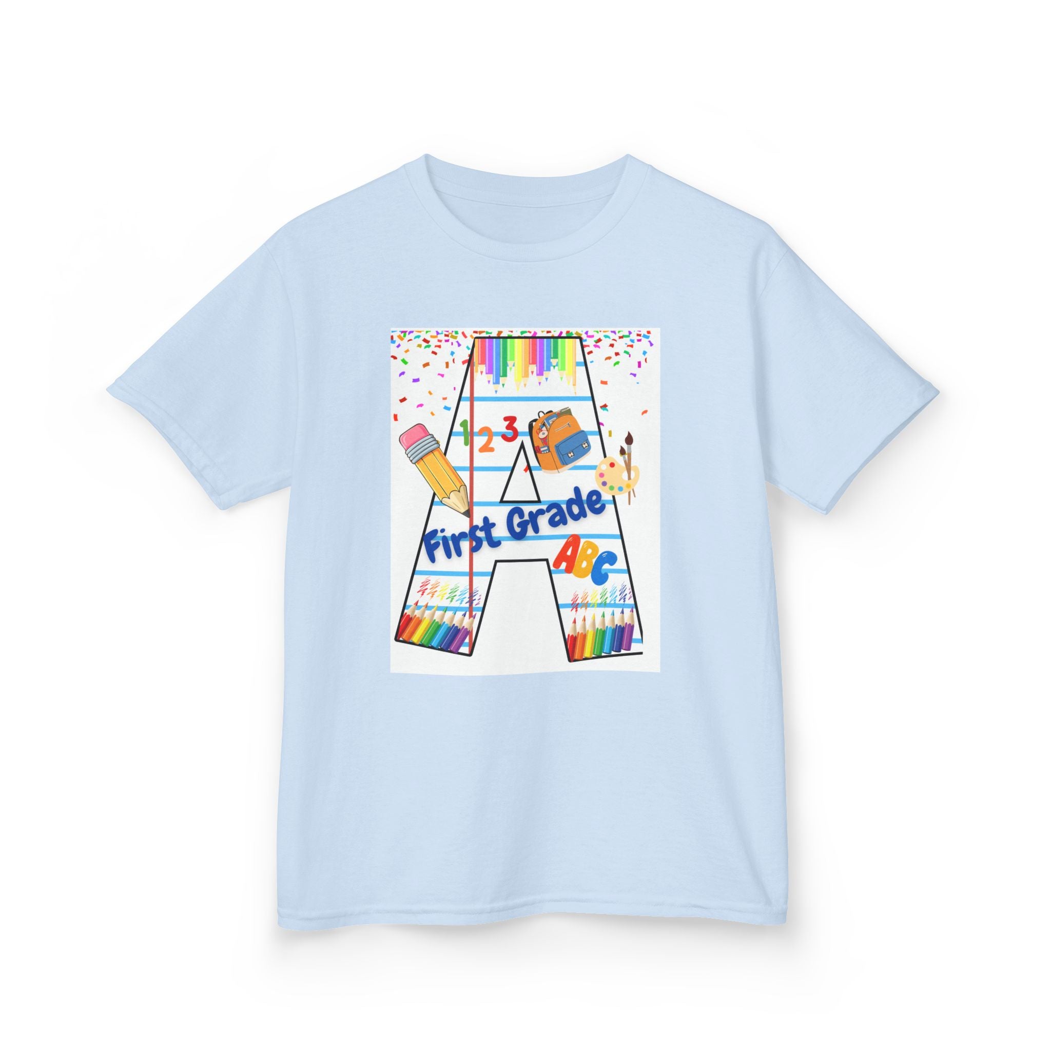 First Grade Kids Tee — Back to School A Monogram T-Shirt with Pencils & ABCs
