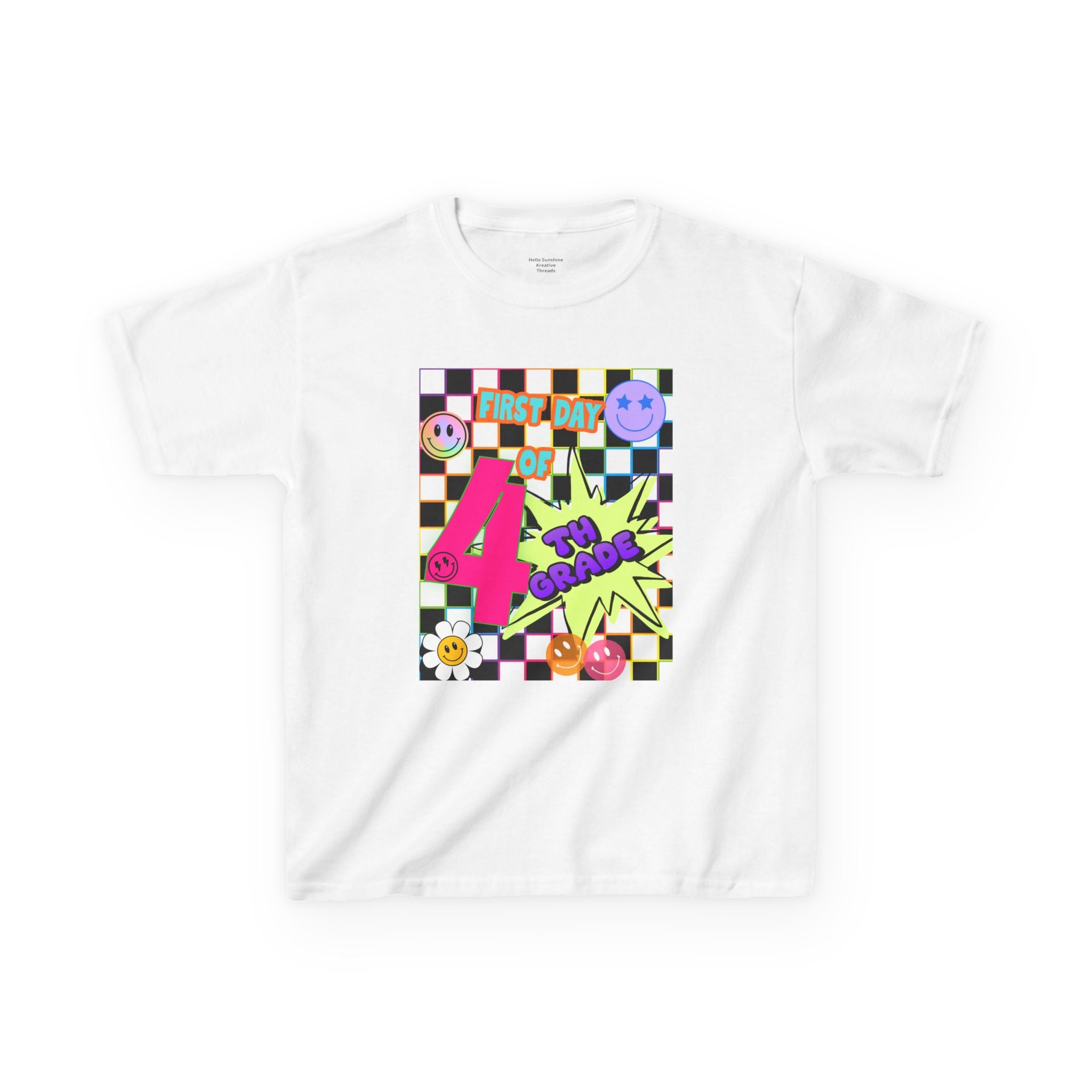 Kids 4th Grade First Day T-Shirt — Retro Checkerboard Neon Design