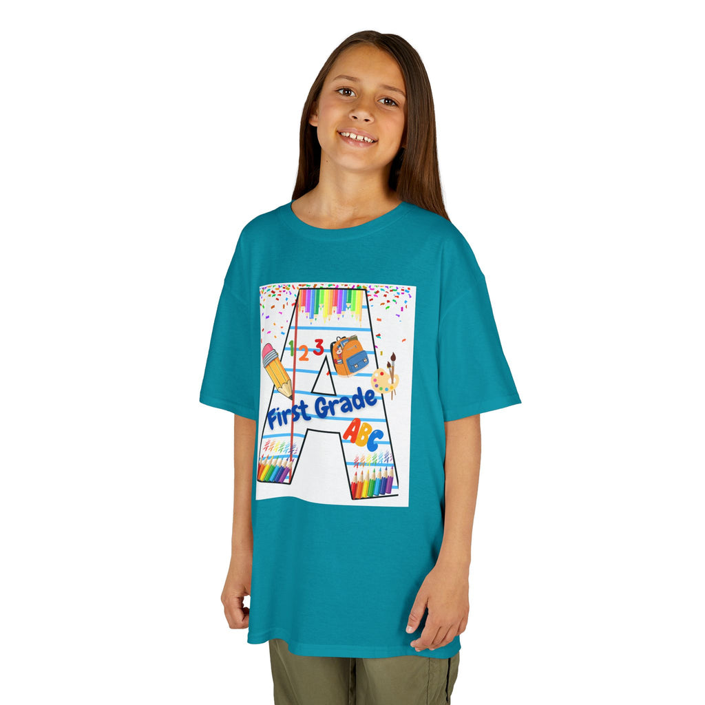 First Grade Kids Tee — Back to School A Monogram T-Shirt with Pencils & ABCs