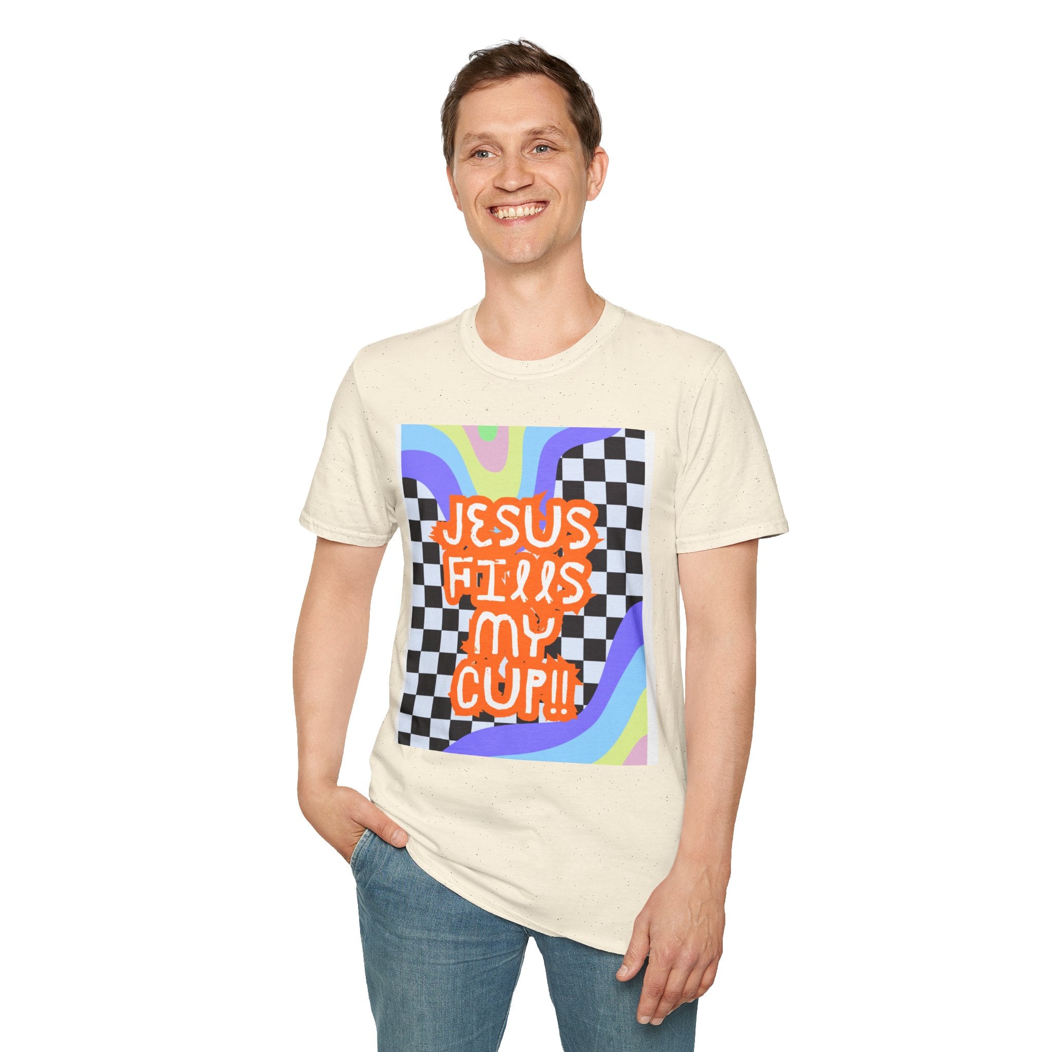 T-Shirt — "Jesus Fills My Cup" Retro Checkerboard Faith Tee