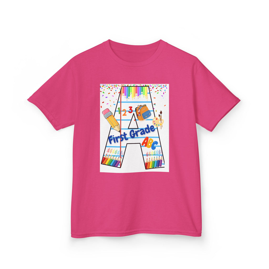 First Grade Kids Tee — Back to School A Monogram T-Shirt with Pencils & ABCs