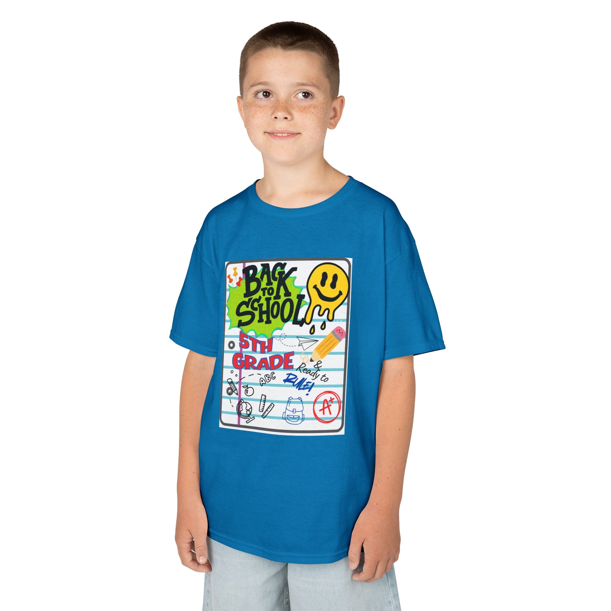 Kids "Back to School" Notebook Graphic Tee – 5th Grade Smiley Doodle Shirt