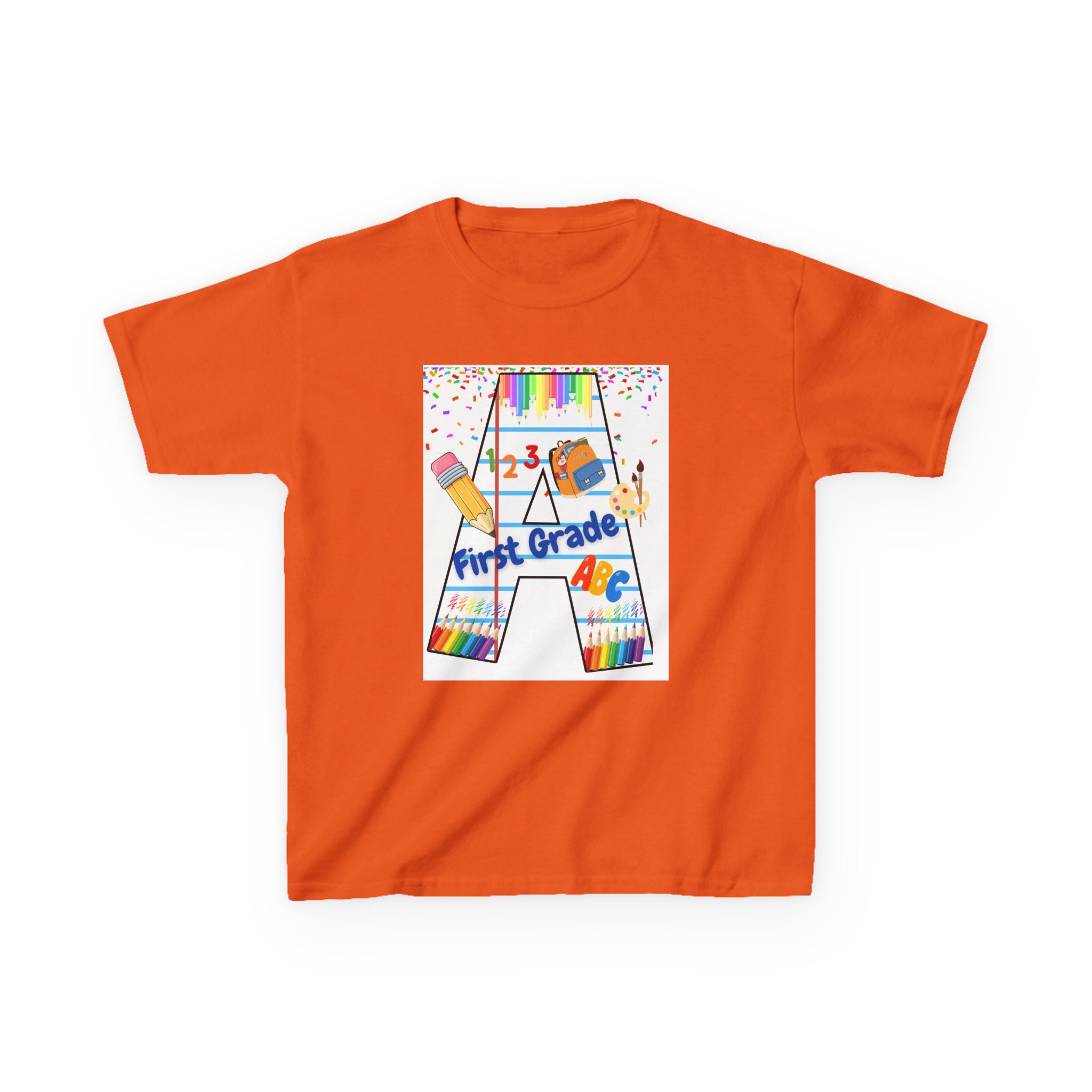 First Grade Kids Tee — Back to School A Monogram T-Shirt with Pencils & ABCs
